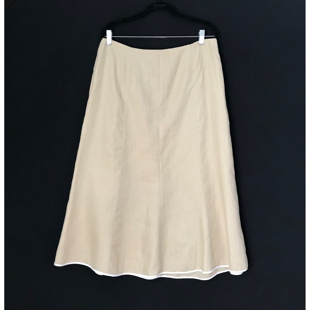 VTG Talbots Beige Midi Maxi 100% Linen Tan Skirt with White Trim Women Size 12